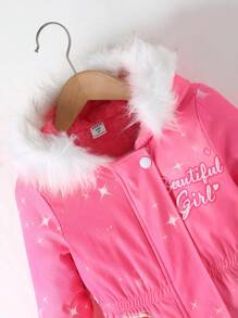 SHEIN 年轻女孩休闲连帽毛绒插肩袖收腰印花羊毛夹克，冬季 - 粉色 - 查看 3