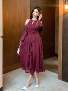 DAZY Women Solid Color Ruffle Ruffle Hem Chiffon Dress, Birthday ,New Year Eve Valentine Valentine's Day Prom Dress,Fall Clothes