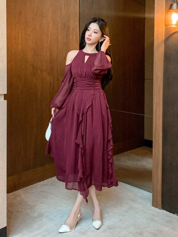 DAZY Women Elegant Wine Red Chiffon Dress,Long Sleeve Ruffle Hem Maxi Dress For Autumn Party,New Year Eve Valentine's Day Prom Birthday Solid Color Clothes