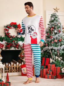 圣诞老人卡通图案可爱男士睡衣套装，秋冬服装