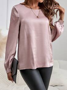 EMERY ROSE Women's Elegant Commuter Style Round Neck Long Sleeve Shirt