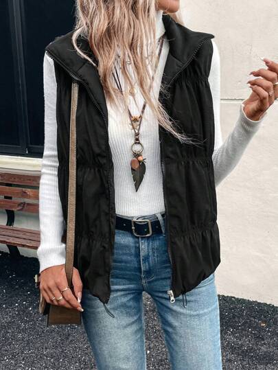 EMERY ROSE Women's Solid Color Casual Sleeveless Zip-Up Padded Coat