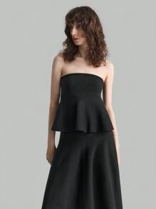 Ontre Bộ 2 món áo crop top không tay viền bèo nhún màu trơn và chân váy dệt kim thanh lịch cho nữ - màu đen - Xem 7