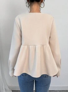 Chiquease 女士冬季长袖翻领蝴蝶结设计针织外套，女士春秋季休闲结，荷叶边下摆常规袖圆领常规版型杏色纯色女士大衣，休闲日常穿着 - 杏色 - 查看 2