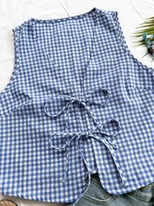 SHEIN WYWH 女式复古格子 V 领蝴蝶结休闲度假背心上衣衬衫 - 藍白色 - 查看 5