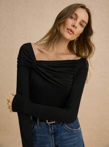 Poéselle Women's Solid Color Asymmetric Neck Long Sleeve Fitted T-Shirt, Fall Winter Clothes, Bottoming Top, Asymmetric Ruched Black Tee, Effortless Chic Essential, Causal Elegant Wear, FW24