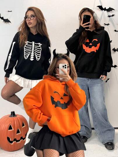 SHEIN EZwear 3pcs Women Halloween Pumpkin & Skull Printed Hoodie Sweatshirt Clothes In Fall/Winter