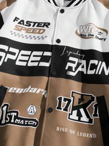 Manfinity RebelGame 男士前扣长袖口袋字母印花夹克，休闲日常穿着 - 卡其色 - 查看 3