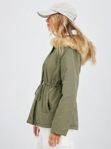 SHEIN EZwear 秋冬季毛领防水束腰绿色派克大衣夹棉外套 - 軍綠色 - 查看 3