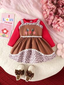 SHEIN 2pcs/Set Baby Girl Solid Color Long Sleeve Romper And Fashionable Leopard Print Cami Dress Outfit - Multicolor - View 3