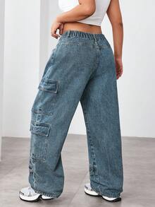 SHEIN ICON Quần Jeans Ống Rộng Rộng Nhiều Túi Thường Ngày Cho Nữ Cỡ Lớn - Màu xanh bụi bặm - Xem 2