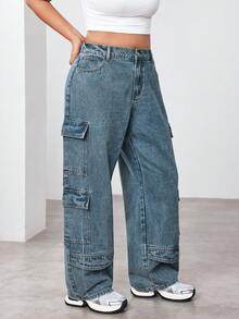 SHEIN ICON Quần Jeans Ống Rộng Rộng Nhiều Túi Thường Ngày Cho Nữ Cỡ Lớn - Màu xanh bụi bặm - Xem 5