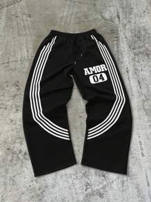 PAVTROS Manfinity Streetrush Men's Casual Lace-Up Letter Print Striped Patchwork Pants - Black - View 1