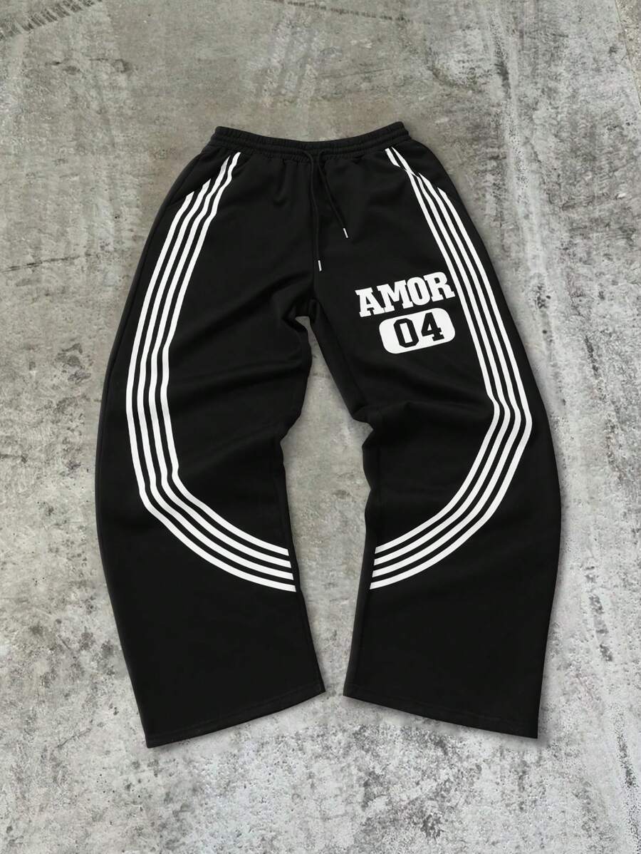 PAVTROS Manfinity Streetrush Men's Casual Lace-Up Letter Print Striped Patchwork Pants - Black - View 1