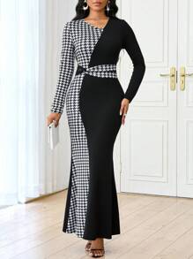 SHEIN Lady Váy dạ hội đen in họa tiết răng sói bốn mùa cho nữ công sở chuyên nghiệp màu đen và họa tiết hình học ôm eo - Nhiều màu - Xem 3