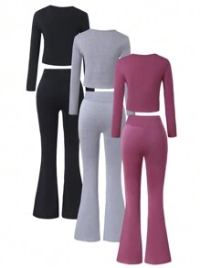 Tween Girls Casual Basic Long Sleeve Top & High Waist Flare Leg Pants Set, Fall/Winter - Multicolor - View 2