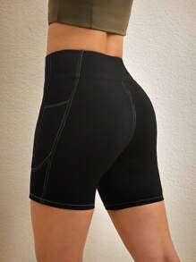 Activina 高腰纯色无缝夏季运动短裤 - 黑色 - 查看 2