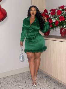 Slaydiva Bộ 2 chiếc áo sơ mi dài tay màu trơn cỡ lớn cho nữ và chân váy midi viền chắp vá, xuân hè, đông - màu xanh lá - Xem 3