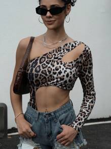 SHEIN ICON Tuta intera a maniche lunghe con stampa leopardata sexy e traforata per donne