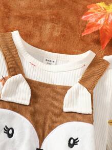 2pcs Baby Girl Round Neck Long Sleeve Allover Print Top And Loose Strap Dress Casual Set, Fall Clothes - Brown - View 5