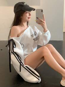DAZY Women's Colorblock Letter Graphic Drawstring Pullover Sweatshirt
