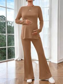 SHEIN 2pcs Maternity Crew Neck Long Sleeve Split Hem Top And Casual Pants Set