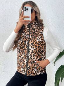SHEIN VCAY Chaleco tipo jacket sin mangas con cierre de cremallera con estampado de print de leopardo