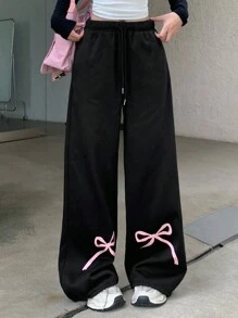 DAZY 女士弹力腰带蝴蝶印花直筒宽松运动裤，带保暖内衬 - 黑色 - 查看 7