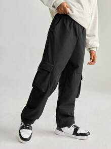 SHEIN Casual Multi-Pocket Cargo Pants For Tween Boys - Black - View 4