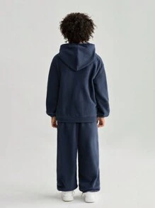 SHEIN 青少年男孩基本款休闲羊毛 Z 字母印花连帽衫和裤子 2 件套 - 藏蓝色 - 查看 2
