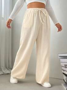 SHEIN EZwear Plus Size Women's High Waist Drawstring Loose Wide Leg Casual Apricot Pants - Apricot - View 6