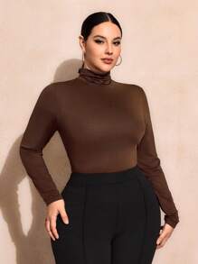 SHEIN SXY Plus Size Solid Color Slim Fit High-Necked Long Sleeve All-Match T-Shirt Basic Tees Fall - Brown - View 2