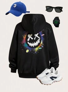 2pcs Tween Boys Casual Korean Style Graphic Print Hoodie Cardigan Jacket And Crossbody Bag Set,In Fall/Winter