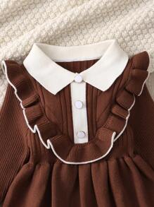 SHEIN Baby Girl Contrast Ruffle Trim Long Sleeve Sweater Fall Dress - Rust Brown - View 4