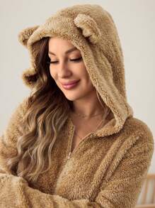 SHEIN Maternity Zip Up 3D Ears Design Hooded Flannel Romper - Khaki - View 7