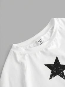SHEIN Teen Girls' Knit Solid Star Print Raglan Sleeve Round Neck T-Shirt - White - View 4