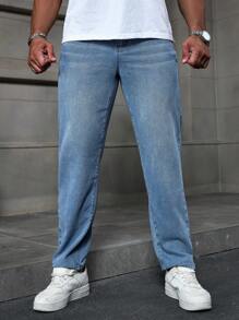Manfinity Homme Men's Light Blue Denim Casual Straight Leg Jeans - Light Wash - View 3