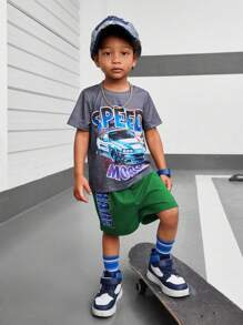 SHEIN Bộ 2 áo thun tay ngắn và quần short in chữ và xe hơi hoạt hình thời trang cho bé trai, mùa hè - Nhiều màu - Xem 3