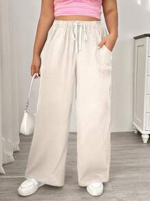 SHEIN EZwear 大码女式纯色腰带口袋阔腿宽松休闲裤 - 杏色 - 查看 1