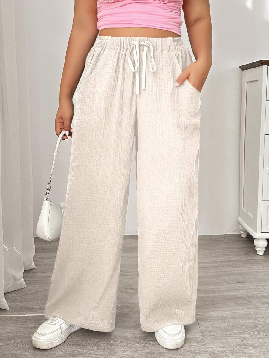SHEIN EZwear 大码女式纯色腰带口袋阔腿宽松休闲裤 - 杏色 - 查看 1