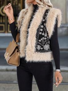 EMERY ROSE 女士花卉刺绣毛绒拼接无袖休闲夹克 - 黑色 - 查看 1