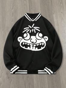 PAVTROS 男士前扣开合长袖休闲图案印花夹克，男士夹克，秋冬男士，冬季男士夹克，男友礼物，有趣的黑色外出图案长袖棒球夹克 - 黑色 - 查看 1