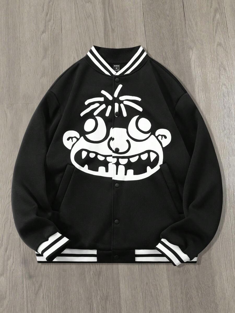 PAVTROS 男士前扣开合长袖休闲图案印花夹克，男士夹克，秋冬男士，冬季男士夹克，男友礼物，有趣的黑色外出图案长袖棒球夹克 - 黑色 - 查看 1