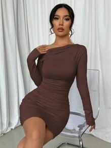 Selianne Long Sleeve Asymmetric Ruched Slim Fit Casual Dress, Spring & Autumn , Brown Fall Cloth For Women - Coffee Brown - View 4
