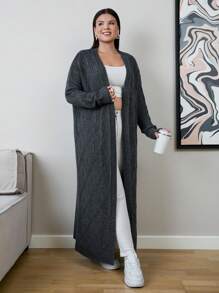 EURMUSE 大码女式几何图案长袖前开长款开衫，适合秋冬季 - 灰色 - 查看 5