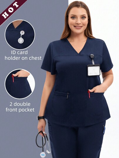 TaskEZ Scrub Tops For Women - Sweetheart V-Neck Scrub Top ,Women Short Sleeve V-Neck Nurse Uniform With 2 Pockets T-Shirt