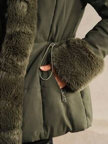 Anewsta Thick Fur Collar Mid-Length Versatile Women's Jacket - Army Green - View 3