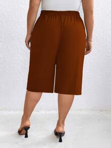 Plus Size Women Solid Color Elastic Waist Button Decor Pockets Casual Pants - Rust Brown - View 2