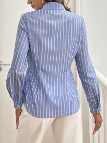 Chiquease 女式蓝白条纹褶饰装饰腰衬衫，秋冬