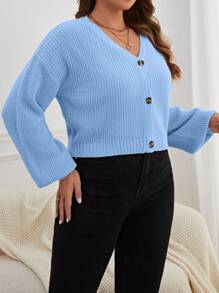 SHEIN Essnce 大码女式纯色落肩长袖短款休闲开衫，秋冬款 - 淺藍色 - 查看 3